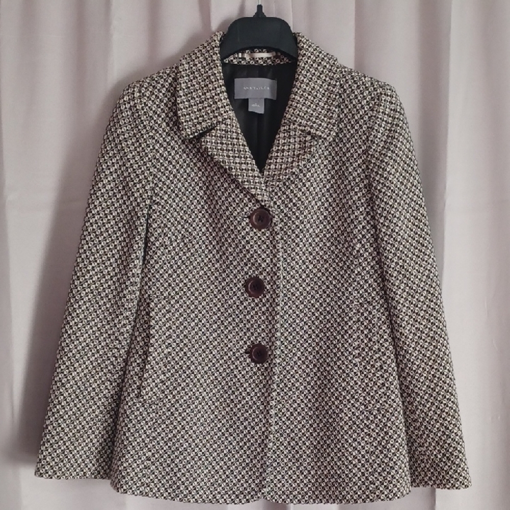 Ann Taylor Textured Tweed 3-Button Short Coat Cotton Sz S Black Cream